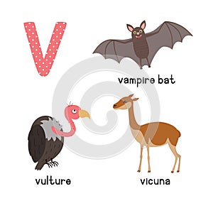 Cute Animal Zoo Alphabet. Letter V for vulture, vicuna, vampire bat