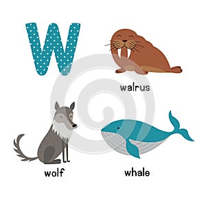 Cute Animal Zoo Alphabet. Letter W for wolf, whale, walrus