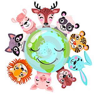 Cute animals around globe banner vector illustration. Animals planet concept, world continents fauna, world map with wild animals.