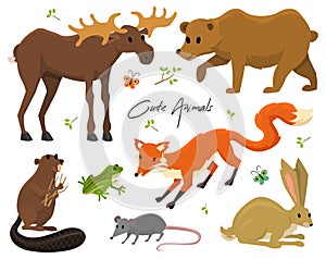 Cute animals for baby. Wild moose and deer, hare, wolf and bear. frog and fox. vintage world. Cartoon vector.