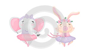 Cute Animals in Ballerina Dress Dancing Vector Set