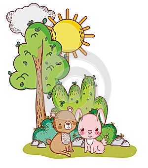 Cute animals, bear and rabbit tree sun cartoon