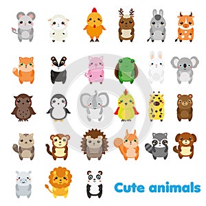 Cute animals. Big set of cartoon kawaii wildlife, forest and farm animals icons