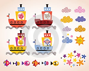 Cute animals in boats kids design elements set