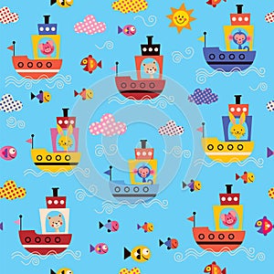 Cute animals in boats kids sea pattern