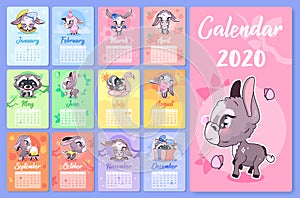 Cute animals 2020 calendar design template with cartoon kawaii characters. Wall poster, calender creative pages layout pack.