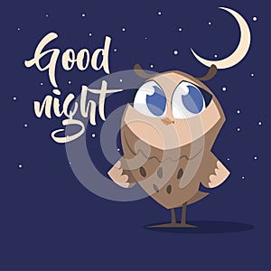 Cute animals. Cartoon adorable owl. Moon and stars in midnight sky. Good night lettering. Sweet dreams. Little owlet