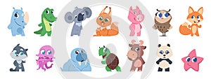 Cute animals. Cartoon baby pets and forest wild animals, fanny children characters. Vector baby animal set isolated on