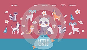 Cute animals in cartoon style, vector illustration. Children zoo website design, landing page template. Adorable little