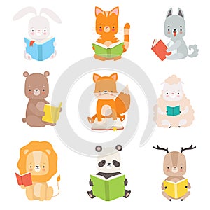 Cute Animals Characters Reading Books Set, Adorable Smart Cat, Panda Bear, Lion, Lamb, Fox, Wolf, Bunny, Deer Sitting