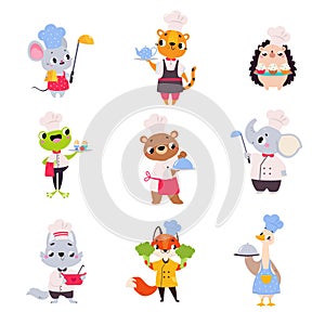 Cute Animals Chef Character in Uniform Cooking Meal Vector Set