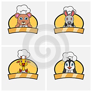 Cute animals Chef set, Wearing Hat and Cooking Theme. Bear, Donkey, Giraffe and Penguin Character Design, Mascot, Label, Icon And.