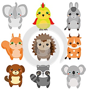 Cute animals. Children style, design elements, vector. Cartoon kawaii wildlife and farm animals
