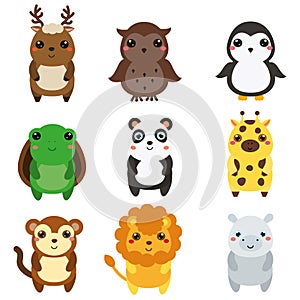 Cute animals. Children style, isolated design elements, vector. Cartoon kawaii wildlife and african animals