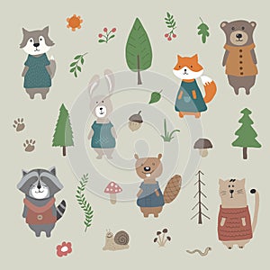 Cute Animals in clothes. Cartoon forest wildlife animals collection, fox, wolf, bear, beaver, raccoon, rabbit and wild cat. Vector