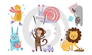 Cute Animals Different Activities Set, Adorable Humanized Animals Characters Engaged in Sports, Sleeping, Plsying Toys