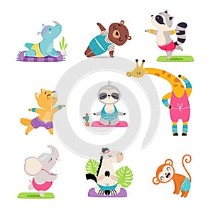 Cute animals doing yoga set. Adorable monkey, giraffe, cat, hippopotamus, elephant, horse practicing fitness exercises