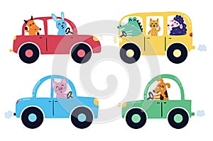 Cute animals driving in cars clipart set. Cartoon characters in their vehicles for kids