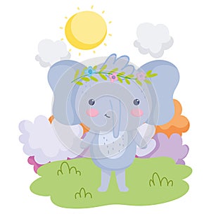Cute animals elephant with flowers in head grass clouds sunny day cartoon