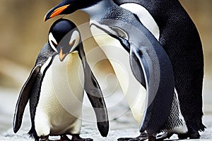 Cute animals emperor penguins gathered in group in Arctic.