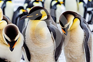 Cute animals emperor penguins gathered in group in Arctic.