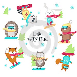 Cute animals enjoying snowboarding vector isolated illustration