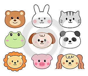 Cute animals face cartoon. Bear, dog, cat, frog, rabbit, pig, lion, panda for icon and illustration