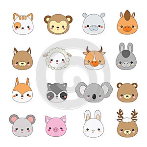 Cute animals faces. Big set of cartoon kawaii wildlife and farm animals icons