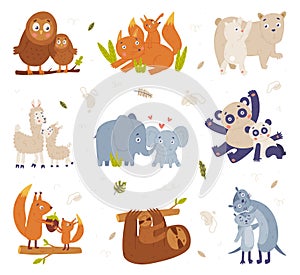 Cute animals families set. Polar bear, fox, squirrel, sloth, owl, badger parents and their babies. Happy parenthood