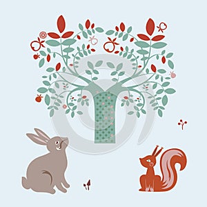 Cute animals and fantasy tree