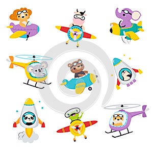 Cute Animals Flying on Airplane and Helicopter Vector Set