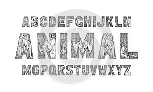 Cute Animals Font for kids. Decorative ancient alphabet. Vintage characters typeface. Double exposure Editable and