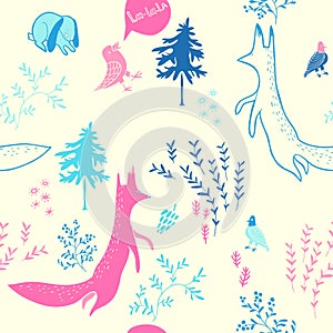 Cute animals in forest. Seamless pattern