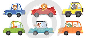 Cute animals in funny cars. Animal driver, pets vehicle and happy lion in car kid vector cartoon illustration set