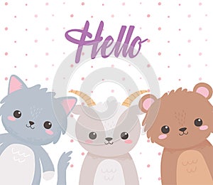 Cute animals goat bear and cat hello inscription cartoon card