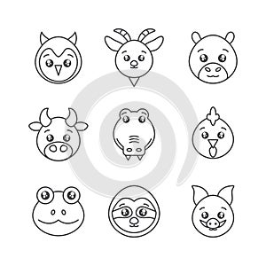 Cute animals head cartoon icons set line style