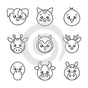 Cute animals head cartoon icons set line style