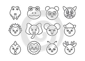 Cute animals head cartoon icons set line style