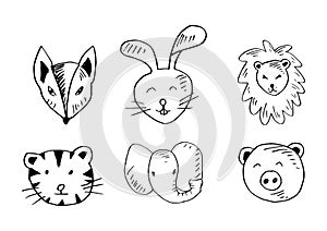 Cute animals head set, fox, cat, elephant,lion, pig and rabbit.