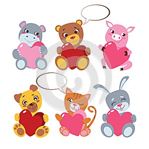 Cute Animals with heard Collection on white. Toy presents for Valentine`s Day vector poster. Bunny, Cat, Hippo, Pig, Dog, Bears