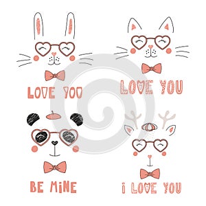 Cute animals in heart shaped glasses