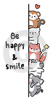 Cute animals hide at the wall with be happy and smile text.Peeking.Greeting.Monkey