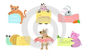 Cute Animals Holding Banners Set, Adorable Happy Cartoon Characters Standing with Blank Sheets of Paper, Cat, Cow, Snail