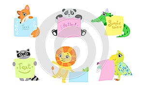 Cute Animals Holding Banners Set, Adorable Happy Cartoon Characters Standing with Blank Sheets of Paper, Fox, Panda Bear