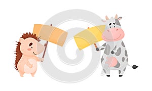 Cute Animals Holding Blank Sign Board on Pole Vector Set