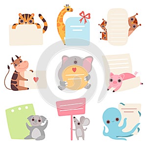 Cute Animals Holding Empty Banners Set, Funny Cartoon Tiger, Giraffe, Owlets, Cow, Elephant, Piglet, Koala Bear, Mouse