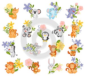 Cute Animals Holding Flower on Stalk with Their Paws Big Vector Set