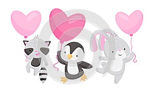 Cute Animals Holding Heart Shaped Pink Balloons Vector Illustrations Set