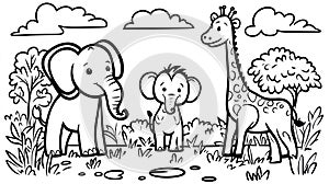 Cute Baby Elephants and Giraffe in Outline, Safari Line Art