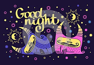Cute animals. kawaii monsters with horns. girl and boy monsters on a background of the starry sky. wish good night. Sun and moon.